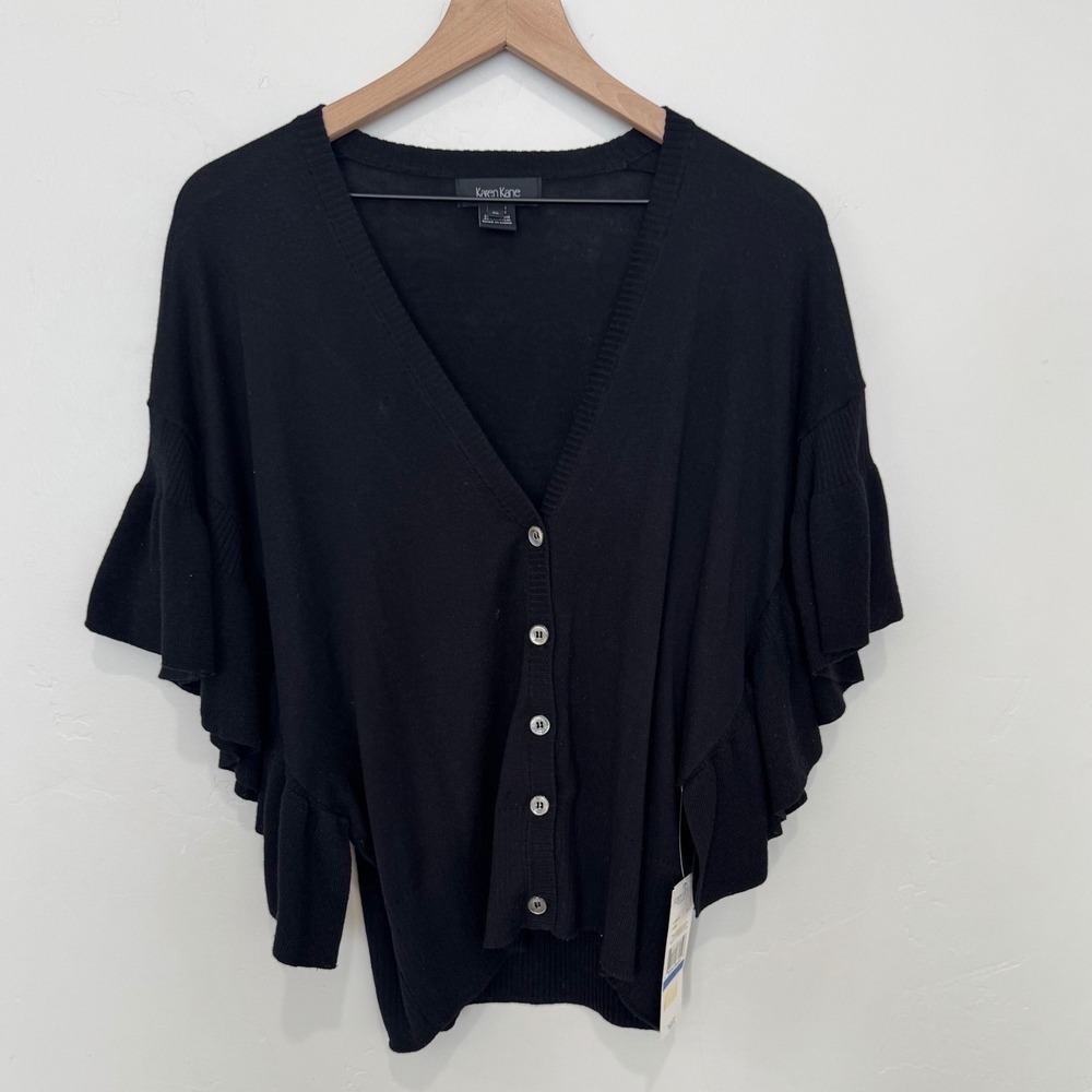 NWT Karen Kane Black Ruffle Cardigan Sweater V-Neck‎ XL Whimsigoth Boho Workwear